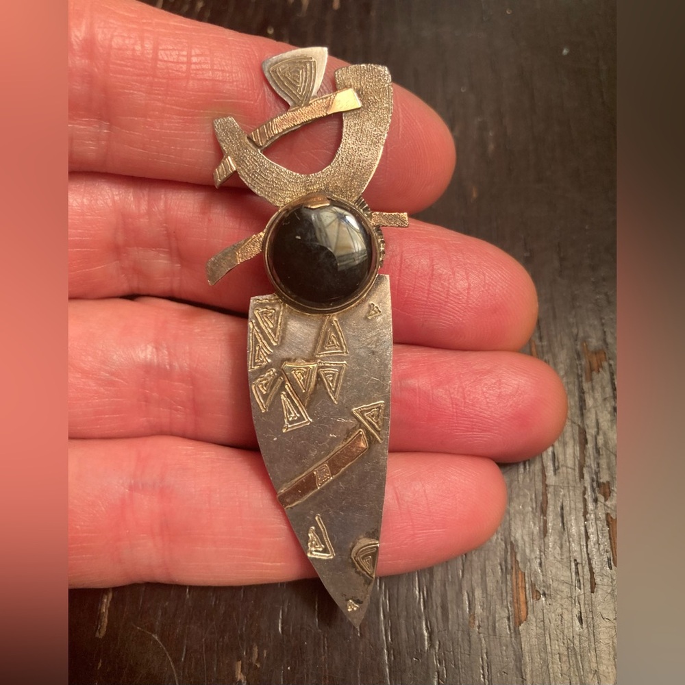 1980s Pat Garrett Sterling Silver and 14 Kt Gold Brutalist Pendant